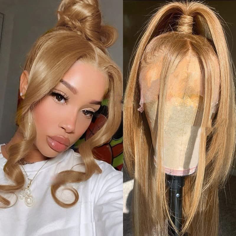 13x4 Honey Blonde Wigs Human Hair #27 Real Color Silky Straight Wig for Black Women 150% Density Pre Plucked Brown HD Transparent Lace Wigs With Baby Hair Glueless(22 Inch)
