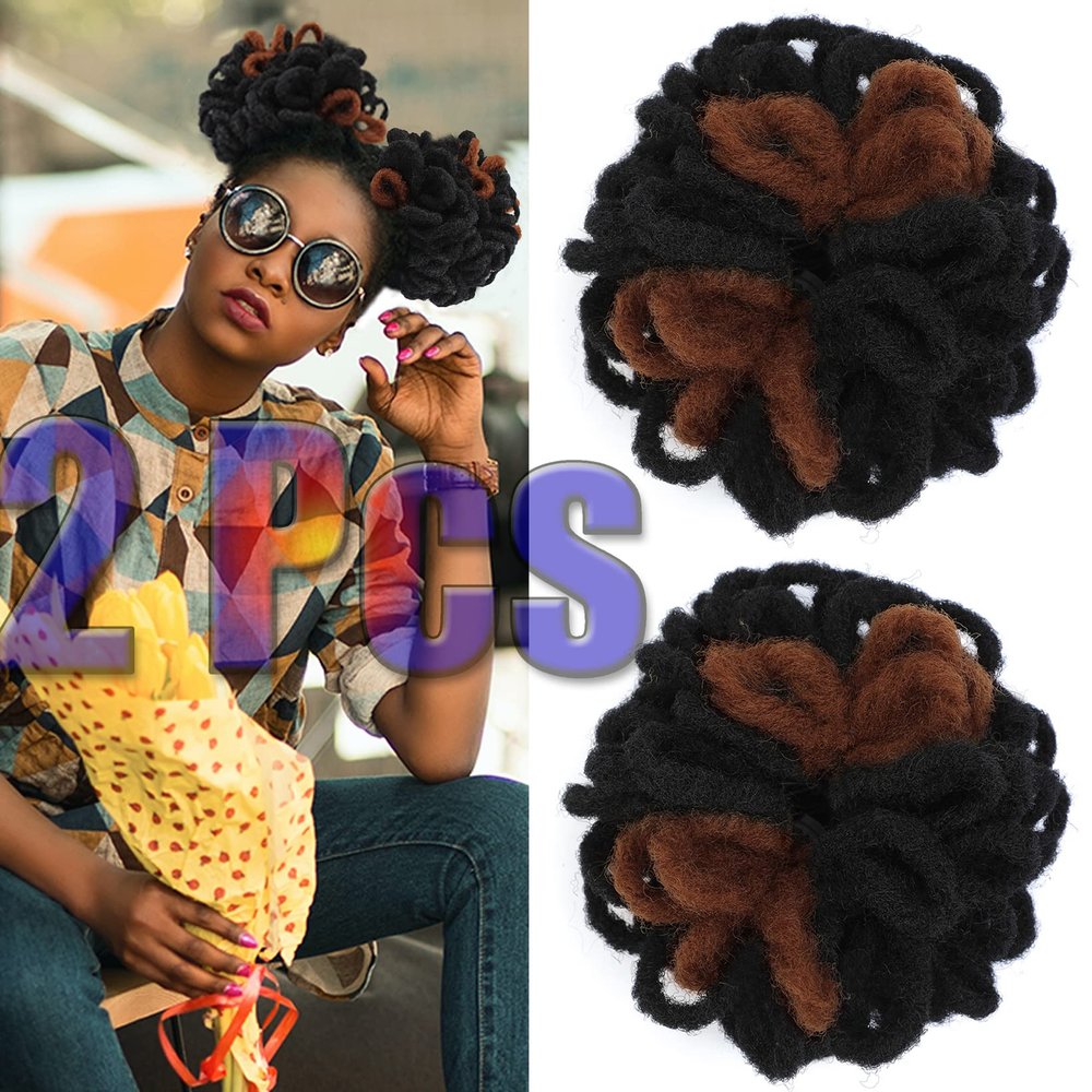 Abellee DreadLock Bun Loc Petal Bun Afro High Puff Drawstring Ponytail Wig Synthetic Faux Locs Hair Bun Pony Tail Hairpieces Clip In Hair Extentions for Black Women (2Pcs1B/30)