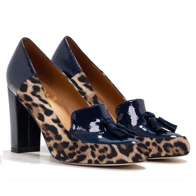 LEHOOR Women Round Toe Chunky Block High Heel Fringed Pumps, Slip On Dress Loafers with Tassel Suede Patchwork Patent Leather for Ladies Girls Office Navy Blue Leopard 8.5 M US