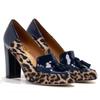 LEHOOR Women Round Toe Chunky Block High Heel Fringed Pumps, Slip On Dress Loafers with Tassel Suede Patchwork Patent Leather for Ladies Girls Office Navy Blue Leopard 8.5 M US view 1