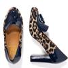 LEHOOR Women Round Toe Chunky Block High Heel Fringed Pumps, Slip On Dress Loafers with Tassel Suede Patchwork Patent Leather for Ladies Girls Office Navy Blue Leopard 8.5 M US view 2