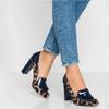 LEHOOR Women Round Toe Chunky Block High Heel Fringed Pumps, Slip On Dress Loafers with Tassel Suede Patchwork Patent Leather for Ladies Girls Office Navy Blue Leopard 8.5 M US view 3