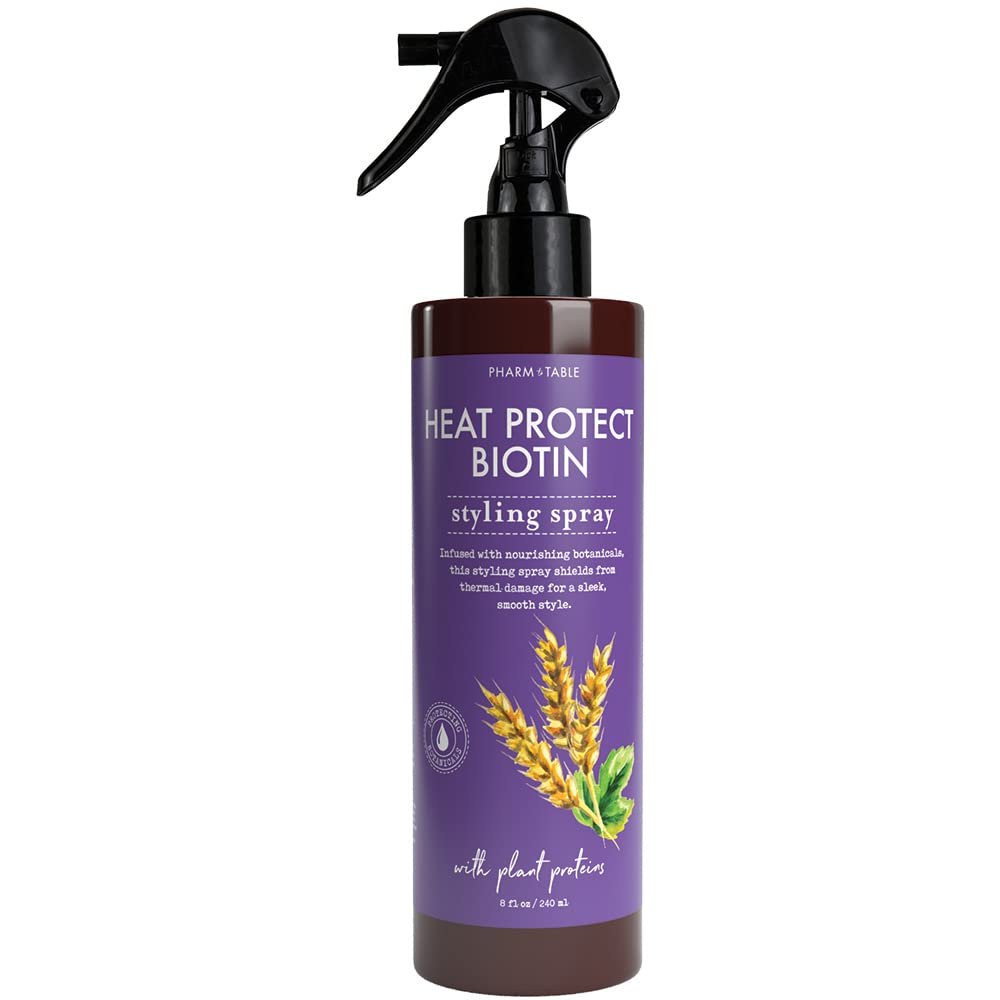 PHARM TO TABLE Heat Protect Biotin Spray - Vitamin B7 Formula Shields Hair up to 450F from Styling Tools, 240ml/8 fl oz