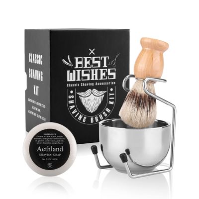 Aethland Shaving Brush Set for Men, 4 in1 Include 100g Shaving soap, Badger Shaving Brush and Stainless Steel Shaving Stand & Shaving Bowl for Husband Birthday Boyfriend Father's Day GiftsUpgrade W)