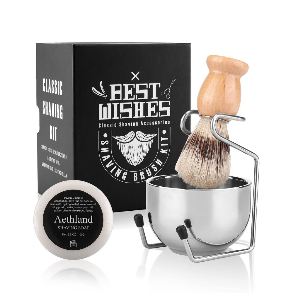 Aethland Shaving Brush Set for Men, 4 in1 Include 100g Shaving soap, Badger Shaving Brush and Stainless Steel Shaving Stand & Shaving Bowl for Husband Birthday Boyfriend Father's Day GiftsUpgrade W)