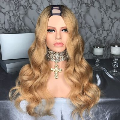 HAOKE Brazilian Virgin Human Hair Lace U Part Wig Honey Blonde Color Middle U Part Half Wigs for African Americans Black Women Loose Wave 150% High Density (22inch,1b27)