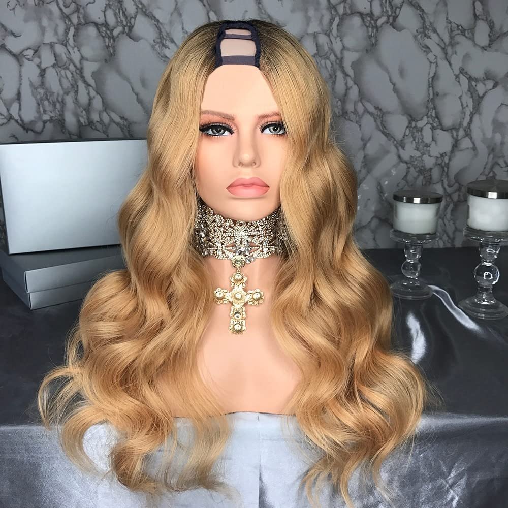 HAOKE Brazilian Virgin Human Hair Lace U Part Wig Honey Blonde Color Middle U Part Half Wigs for African Americans Black Women Loose Wave 150% High Density (22inch,1b27)
