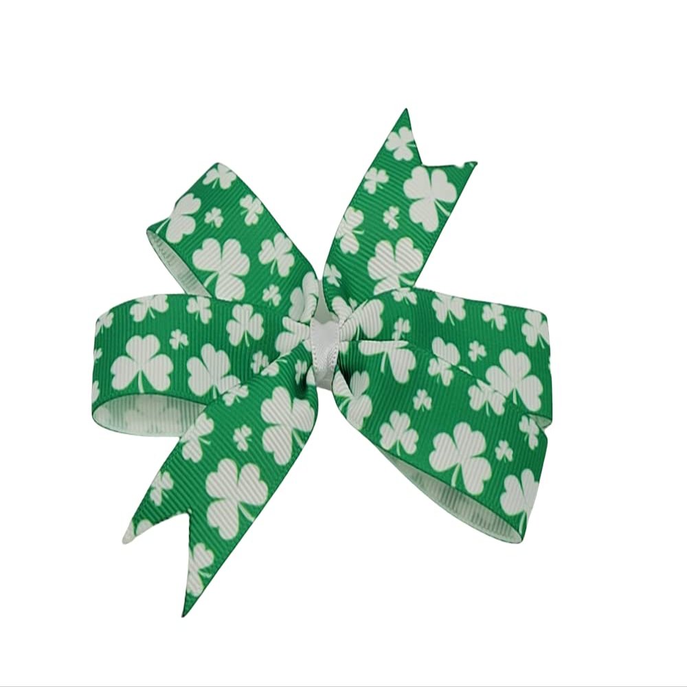 St. Patricks Day Hair Bow (1 Layer White clover on Green with elastic headband)