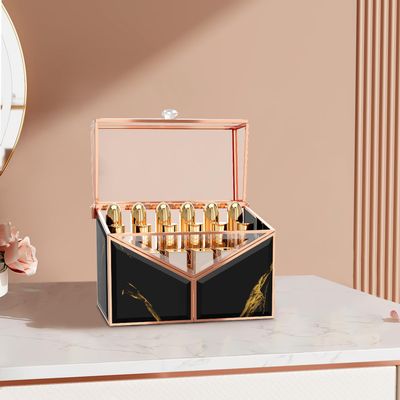 CoralHouse Lipstick Organizer - Black Glass Lipstick Holder & Nail Polish Organizer, 18-Slot Vanity Cosmetic Organizer with Removable Dividers,