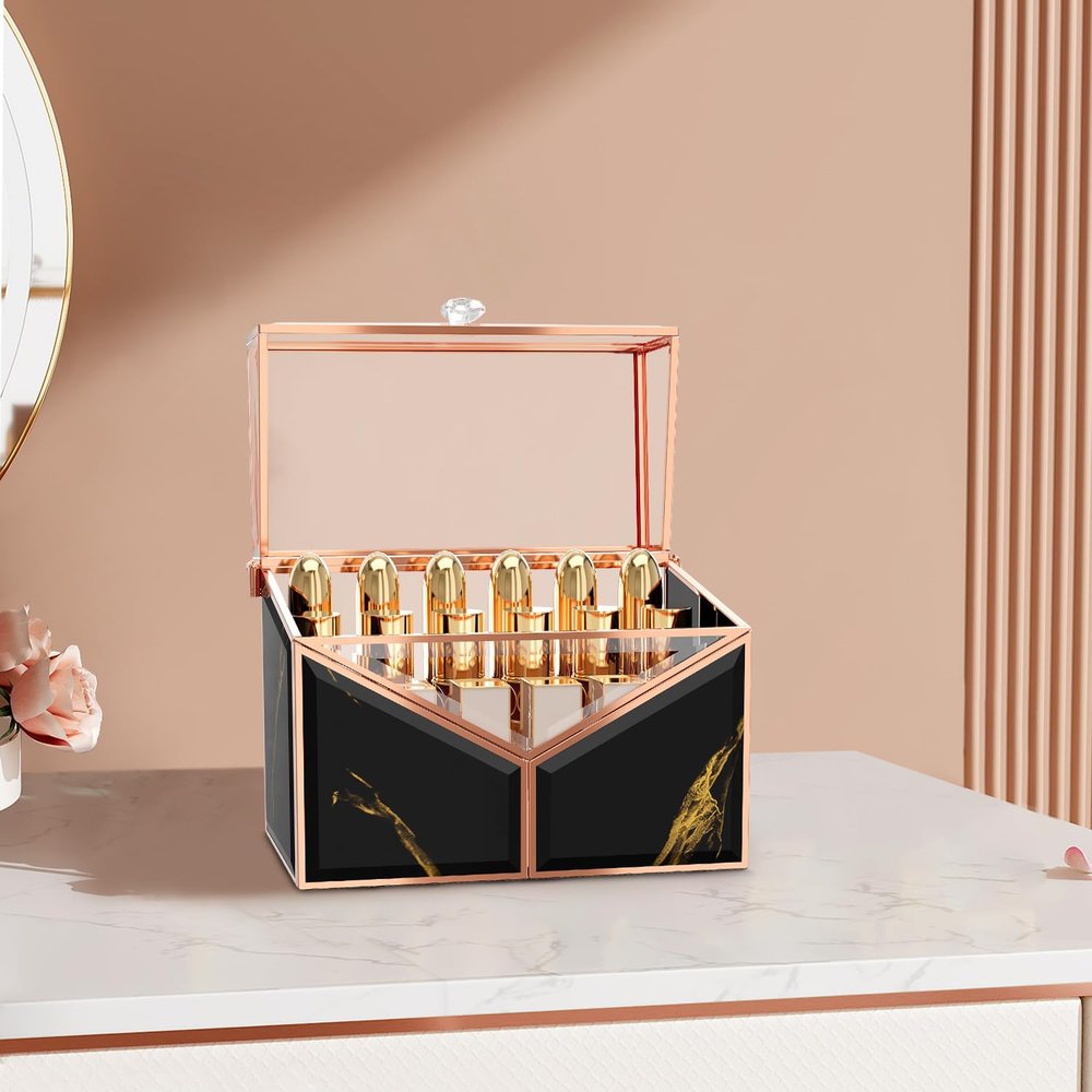 CoralHouse Lipstick Organizer - Black Glass Lipstick Holder & Nail Polish Organizer, 18-Slot Vanity Cosmetic Organizer with Removable Dividers,