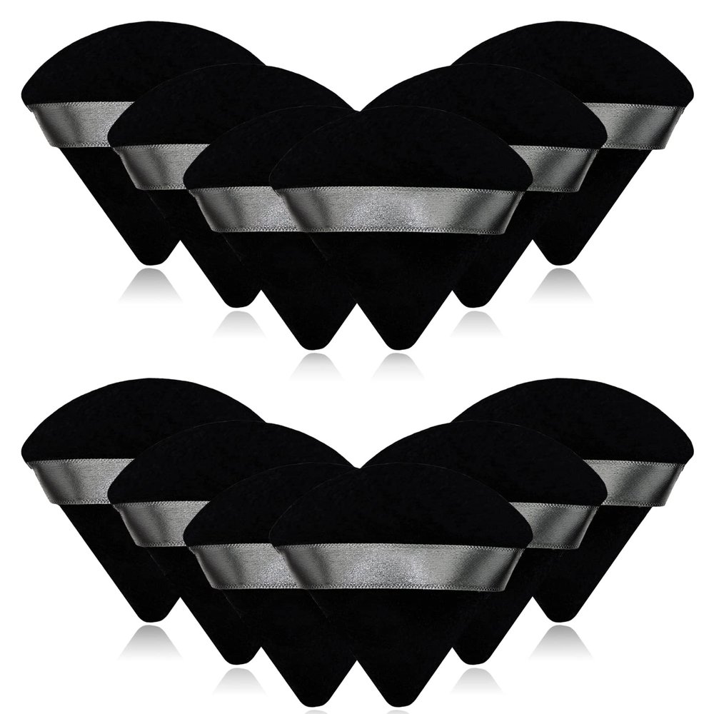 12 Pieces Black Cosmetic Powder Puff,2.76 inch Portable Soft Sponge Setting Face Puffs,Triangle Velvet Powder Puff with Ribbon Band Handle for Loose Powder Body Powder Makeup Tool