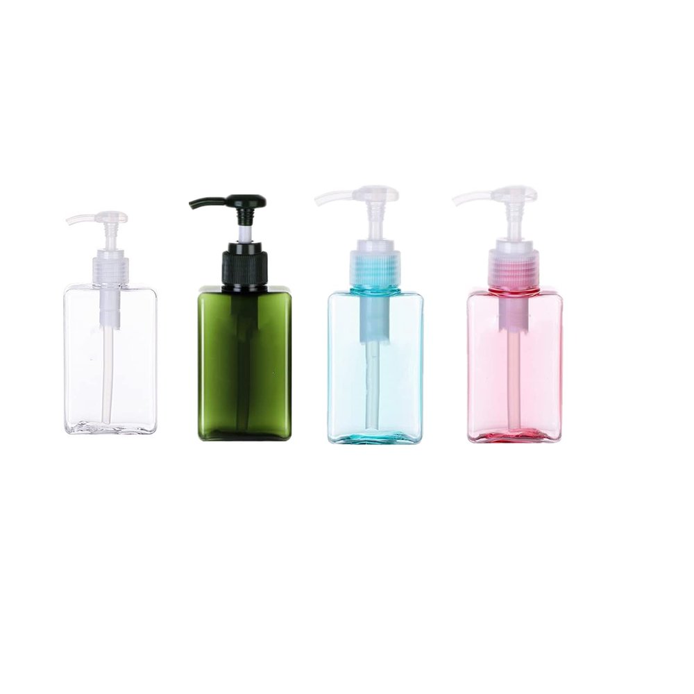 4pcs Empty Shampoo Bottles, Refillable Dispenser Toiletries Containers, Plastic Square Pump Bottles for Lotions, Shampoos, Conditioner, Hand Wash, Fit for Kitchen Bathroom (100ml/3.3oz)