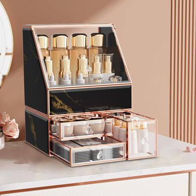 CoralHouse Makeup Organizer for Vanity, Black Makeup Organizer with Drawer, Skincare Holder for Bathroom Countertop,Cosmetic Display Case for Dresser