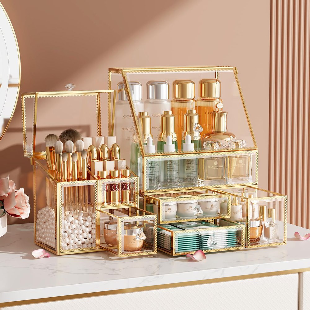 CoralHouse Clear Makeup Organizer with Gold Frame  Countertop Vanity Organizer for Skincare, Lipsticks, Perfume & Brushes  Bathroom Cosmetic Storage Display Box