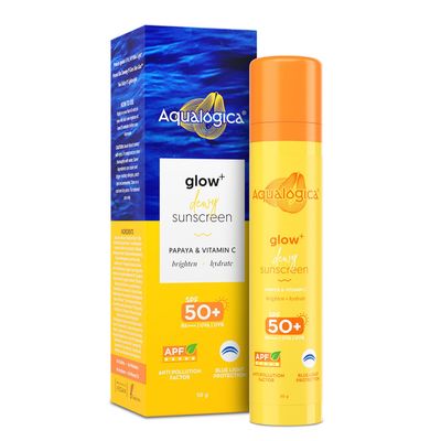 Aqualogica Glow+ Dewy Face Sunscreen with SPF 50+ & PA+++ | Blue Light Protection & No White Cast | Helps Give Glowing Skin with Papaya & Vitamin C | 1.76 Oz/50g