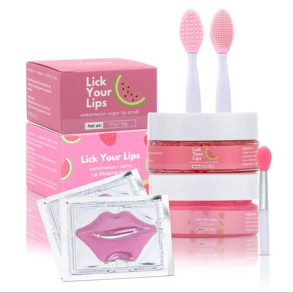Lick Your Lips 6-in-1 Lip Care Kit With Lip Sleeping Mask, Silicone Brush, Sugar Lip Scrub, Lip Mask Sheet to Reveal Luscious, Lip Exfoliator Scrub to Soft Lips Korean Lip Therapy Set for a Fuller