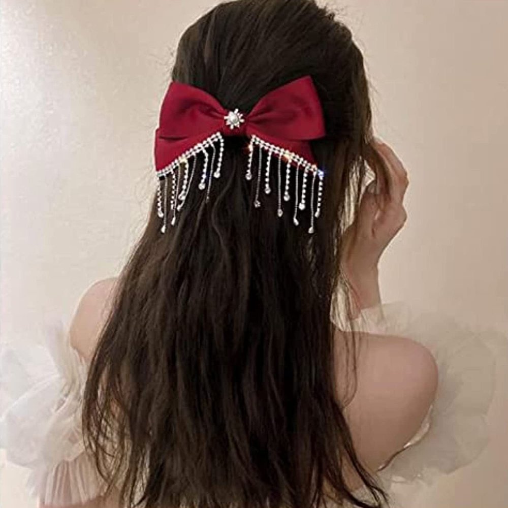 RTcald Sparkling Diamond Velvet Bow Hair Clip,Rhinestone Tassel Bow Hair Clips,Large Bow Hair Clip,Large Soft Bow Women Hair Clips (E2)