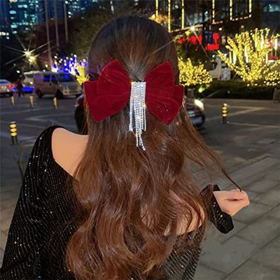 RTcald Sparkling Diamond Velvet Bow Hair Clip,Rhinestone Tassel Bow Hair Clips,Large Bow Hair Clip,Large Soft Bow Women Hair Clips (B2)