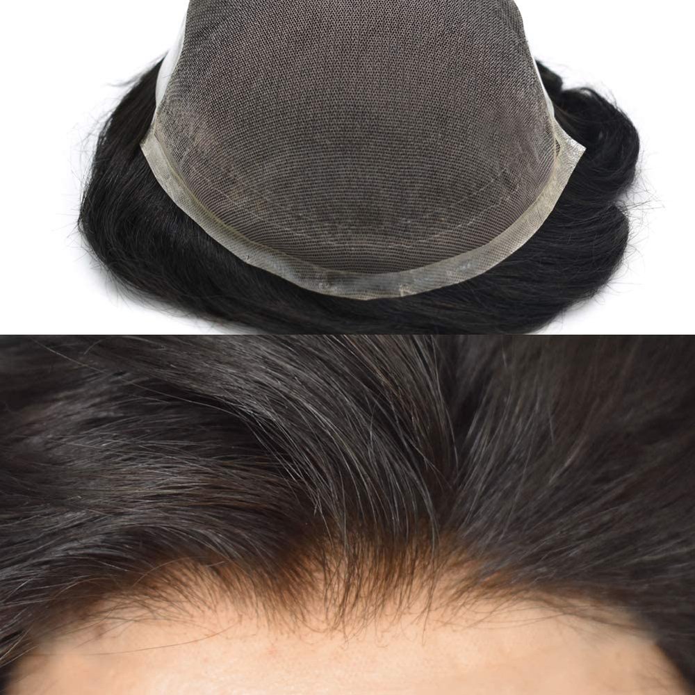 Toupee For Men Hair Pieces Real Human Hair French Lace Mens Toupee Hair System For Men Hair Replacement Hair Piece For Men Natural Hairline #1B Off Black-90% Light Density 8"x10"