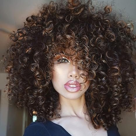 rosmile Curly Wigs for Black Women - Ombre Brown Mixed Synthetic Hair African American Full Afro Curly Wig with Bangs