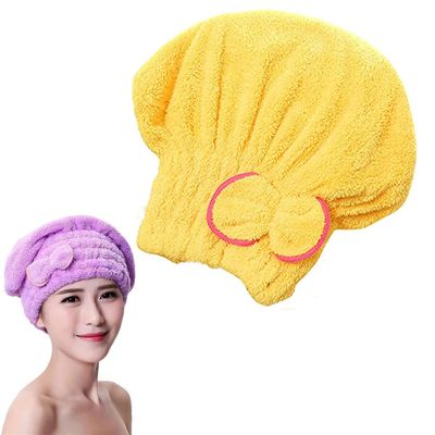 RTcald Microfiber Hair Drying Cap,Super Absorbent Quick Dry Hair Turban,Quick-Drying Hair Cap with Bow,Coral Fleece Soft Towel Cap,Elastic Bath Cap Turban (Yellow)