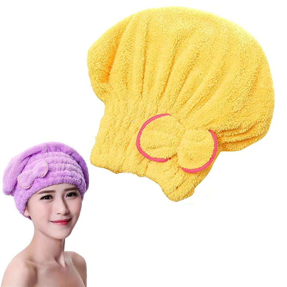 RTcald Microfiber Hair Drying Cap,Super Absorbent Quick Dry Hair Turban,Quick-Drying Hair Cap with Bow,Coral Fleece Soft Towel Cap,Elastic Bath Cap Turban (Yellow)
