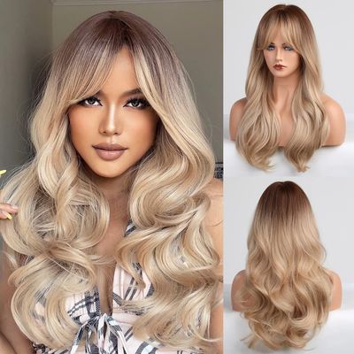 HAIRCUBE Long Blonde Wigs for Women Wave Curly Wig with Bangs Natural Brown Roots Synthetic Wigs for Daily Use Cosplay