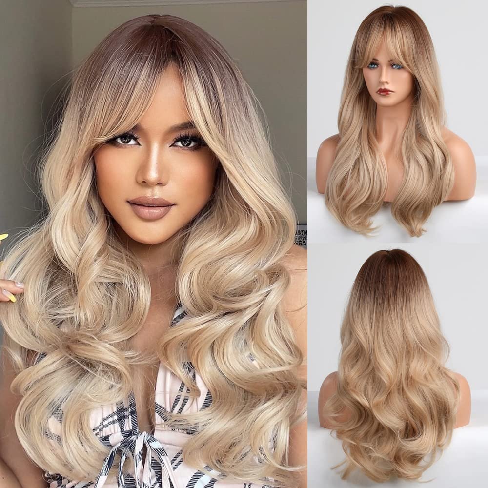 HAIRCUBE Long Blonde Wigs for Women Wave Curly Wig with Bangs Natural Brown Roots Synthetic Wigs for Daily Use Cosplay
