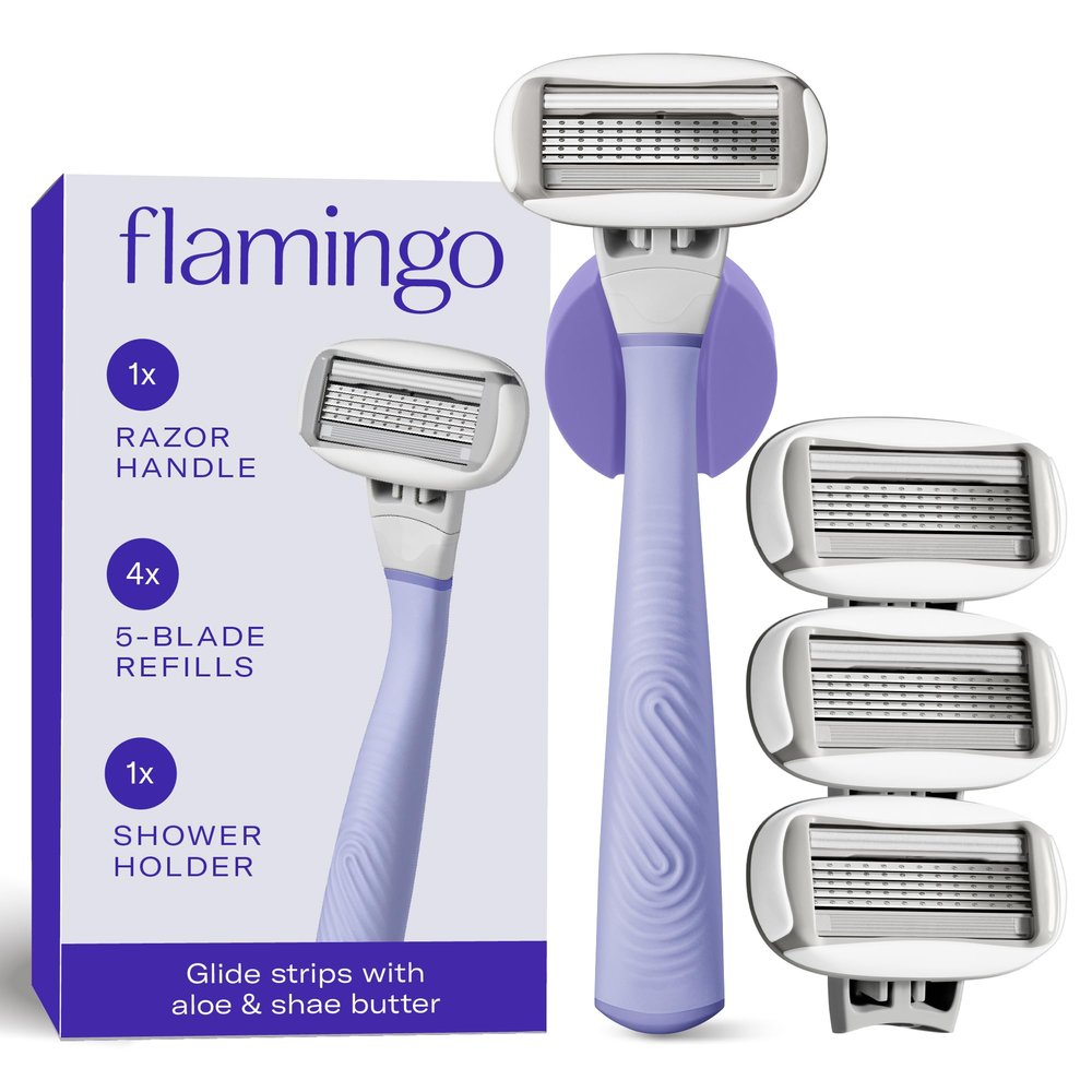 Flamingo Shaving Razor Set for Women - Original Razor Handle, 4 Blade Refills, and Shower Holder - Lilac