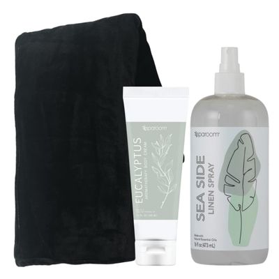 SpaRoom Cozy Collection Plush Blanket, Linen Spray and Body Cream; Sea Side Linen Spray, Eucalyptus Body Cream, Black Blanket