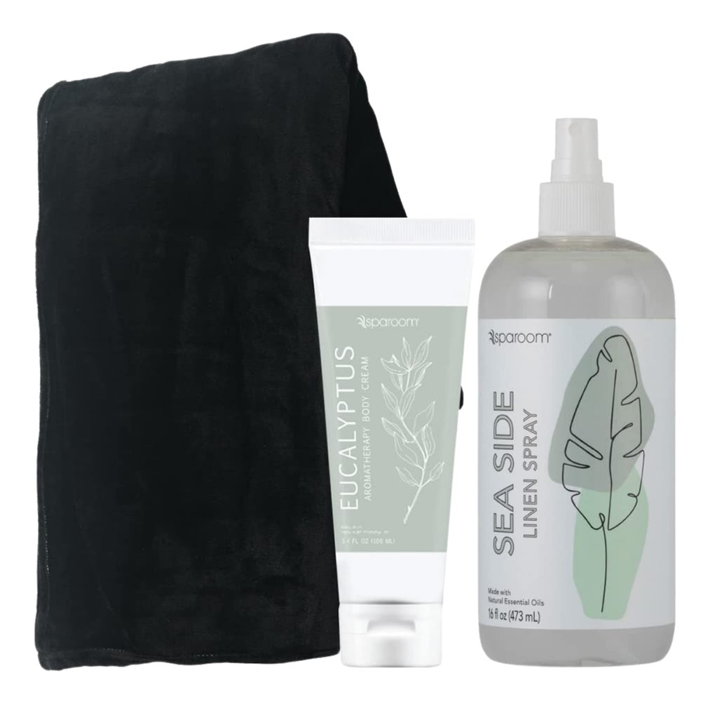 SpaRoom Cozy Collection Plush Blanket, Linen Spray and Body Cream; Sea Side Linen Spray, Eucalyptus Body Cream, Black Blanket