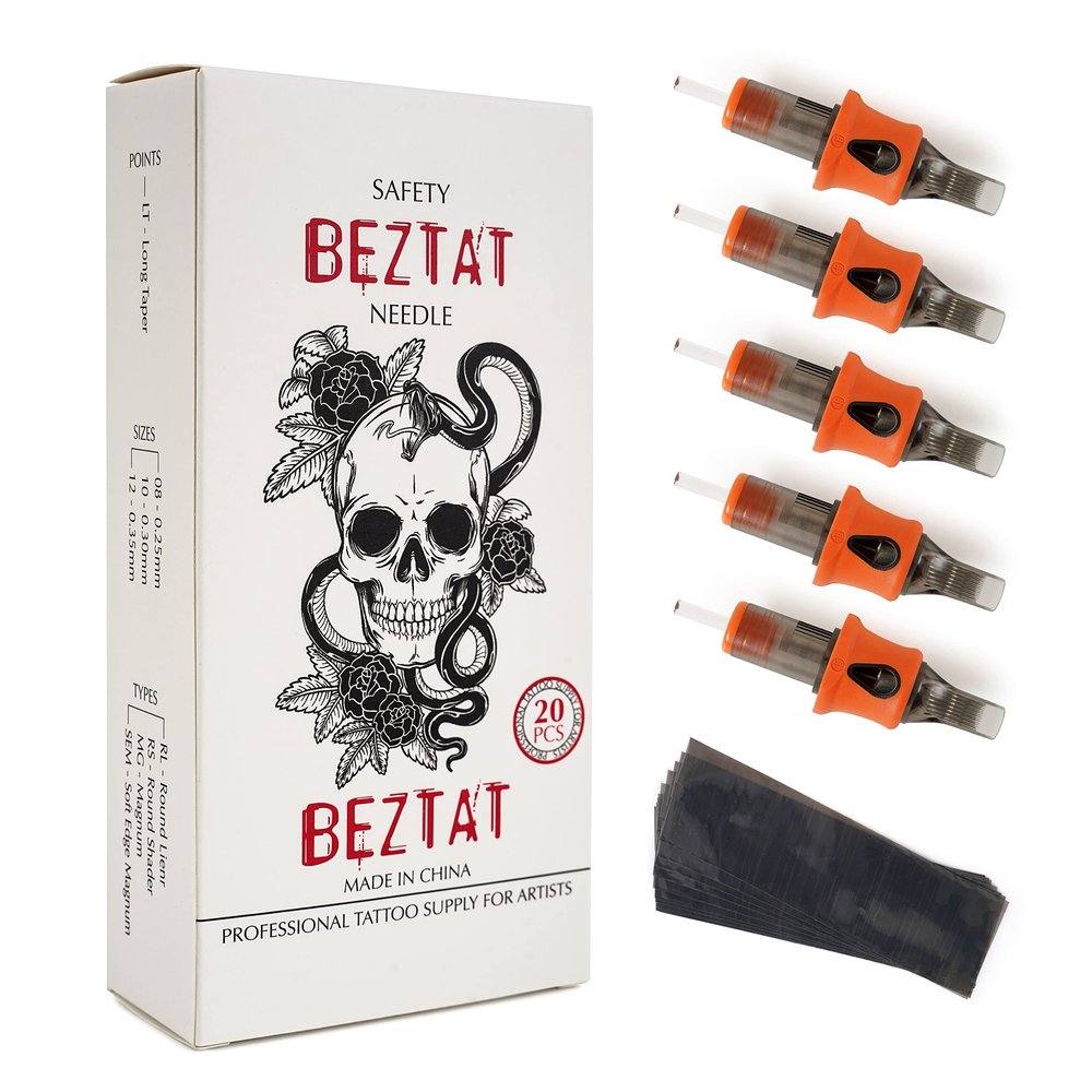 BEZTAT Ultra Premium Professional Tattoo Needles Cartridge w/Grip & Machine Covers Sleeves #08 Curved Magnum 20 Pack (0813CM)