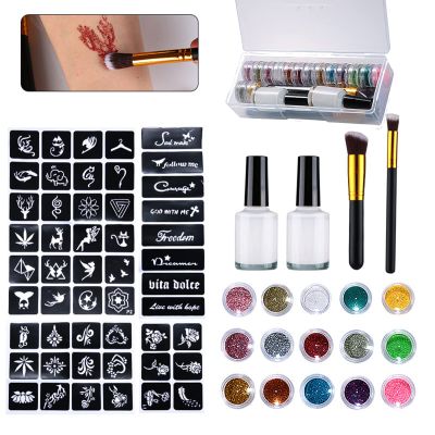 Glitter Tattoo Kit Waterproof Flash Tattoos 15 Glitter Colors Flashes Temporary Tattoo Kit Body Nail Glitter Art Paint Birthday Party for Girls Kids Teenager Adult Gift with 2Glue 2 Brushes