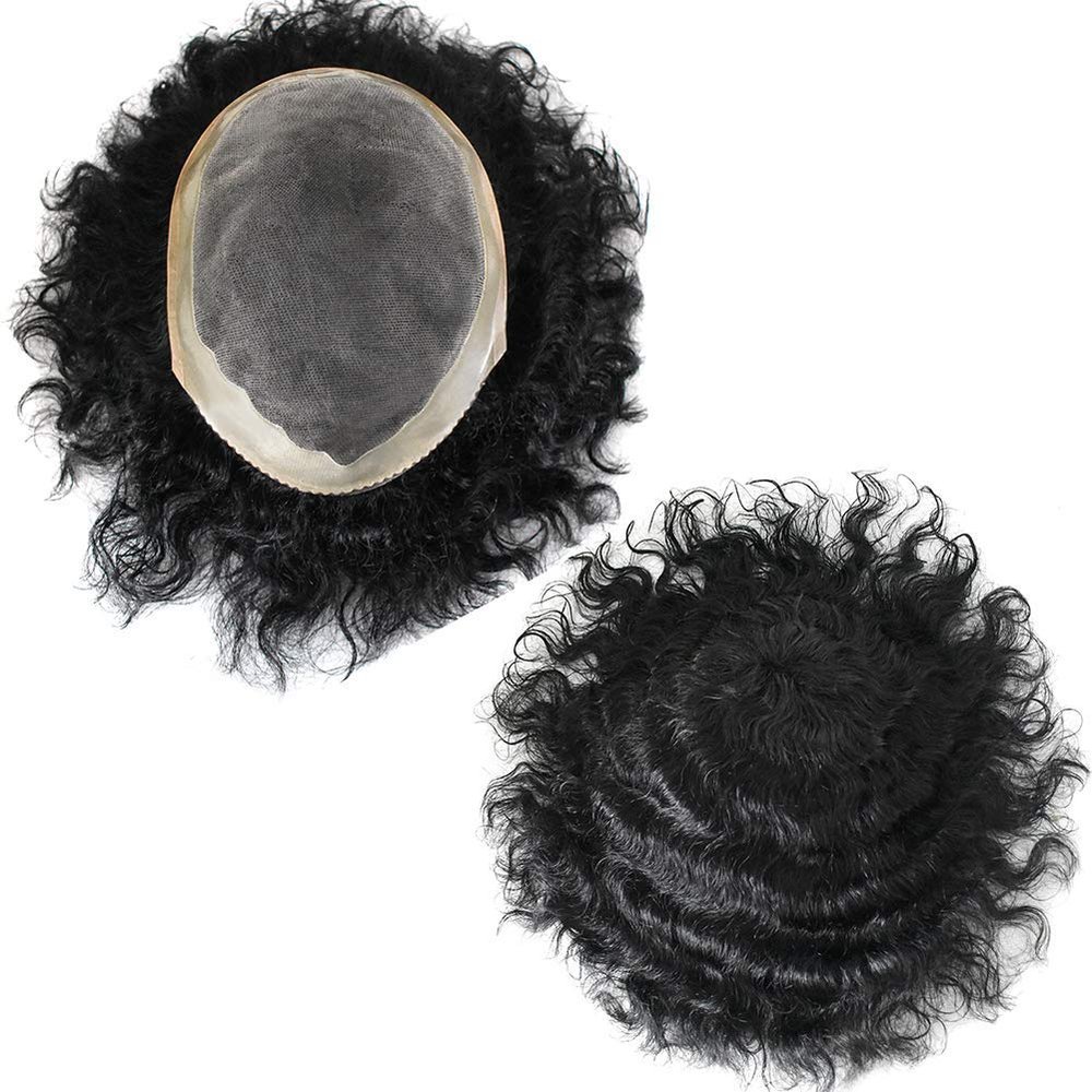 LYRICAL HAIR Afro Curly Wavy Toupee Hairpiece for Men Monofilament Mens Wig Poly Skin NPU Around Curly Hair Systems Replacements Durable (8"X11"-20MM Curl, #1 Jet Black-110% Light to Medium Density)