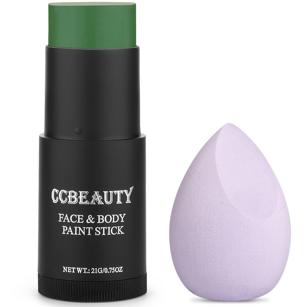 CCbeauty Witch Green Face Paint Stick, Face Painting Kit, Non Toxic SFX Makeup For Grinch Monster Halloween Costume Cosplay,Professional Body Paint,Full Coverage Painting Foundation With Makeup Sponge