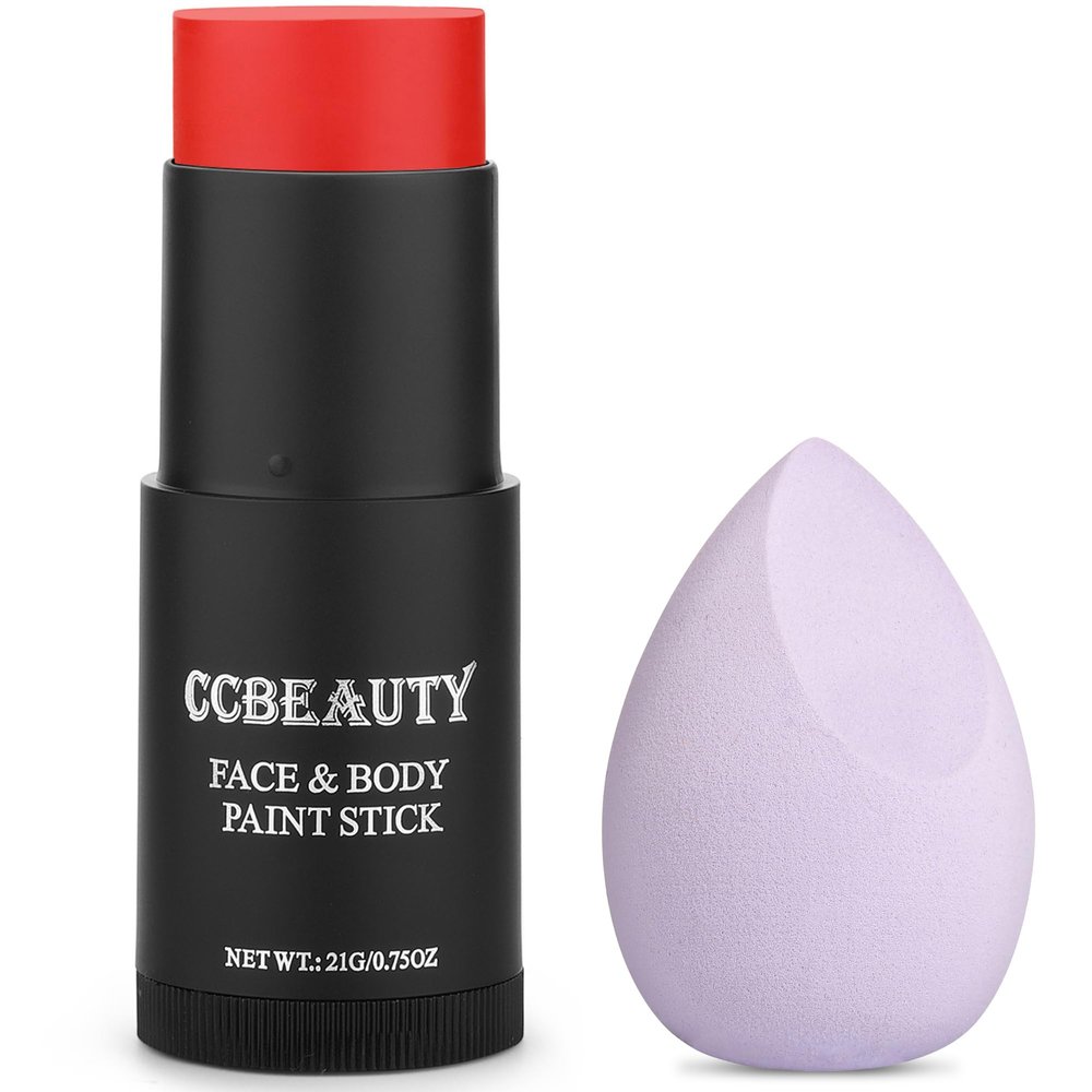 CCbeauty Devil Red Face Paint Stick,Face Painting Kit,Non Toxic SFX Makeup For Clown Spider Halloween Costume Cosplay,Professional Body Paint Stick,Full Coverage Painting Foundation With Makeup Sponge
