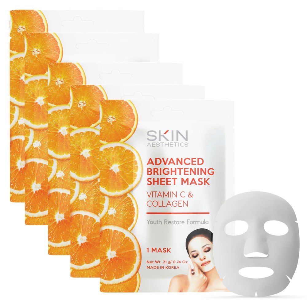 Skin Aesthetics Vitamin C & Collagen Sheet Face Mask - Reduces Wrinkles & Age Spots, Hydrating - Dermatologist Tested Korean Skincare - Clean Beauty, Cruelty-Free - 5 Masks