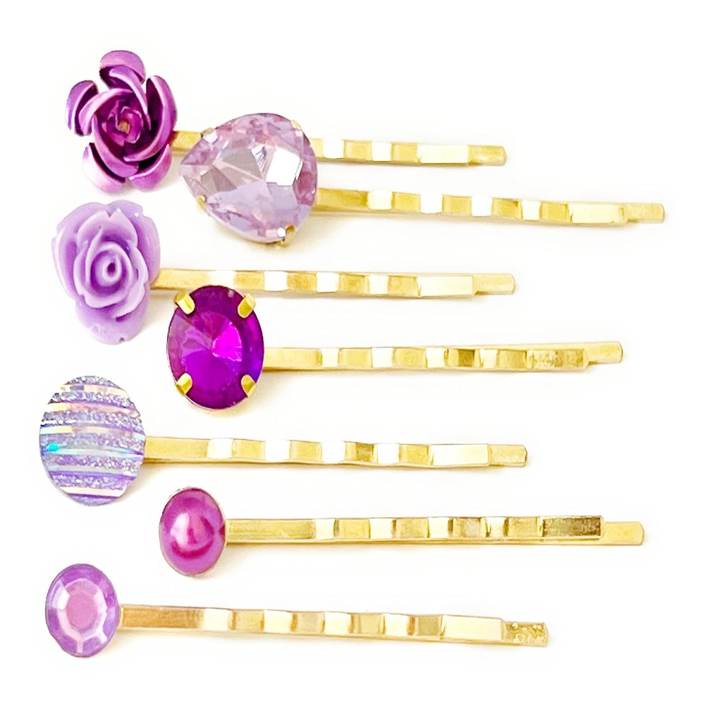 Purple Gold Hair Pins, Neutral Hair Pin, Minimalist Wedding Hair Jewelry, Women Hair Clip, Modern Bobby Pins, Lavender Flower Hair Barrettes