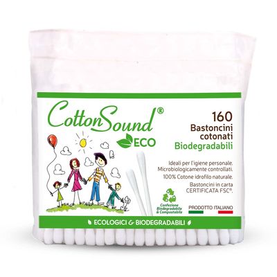 Cotton Sound Eco Cotton Sticks Bag 1 Pack x 160 Pieces, Eco Friendly and Biodegradable Cotton Sticks, 100% Pure Hydrophilic Cotton, Compostable Bag, Made in Italy