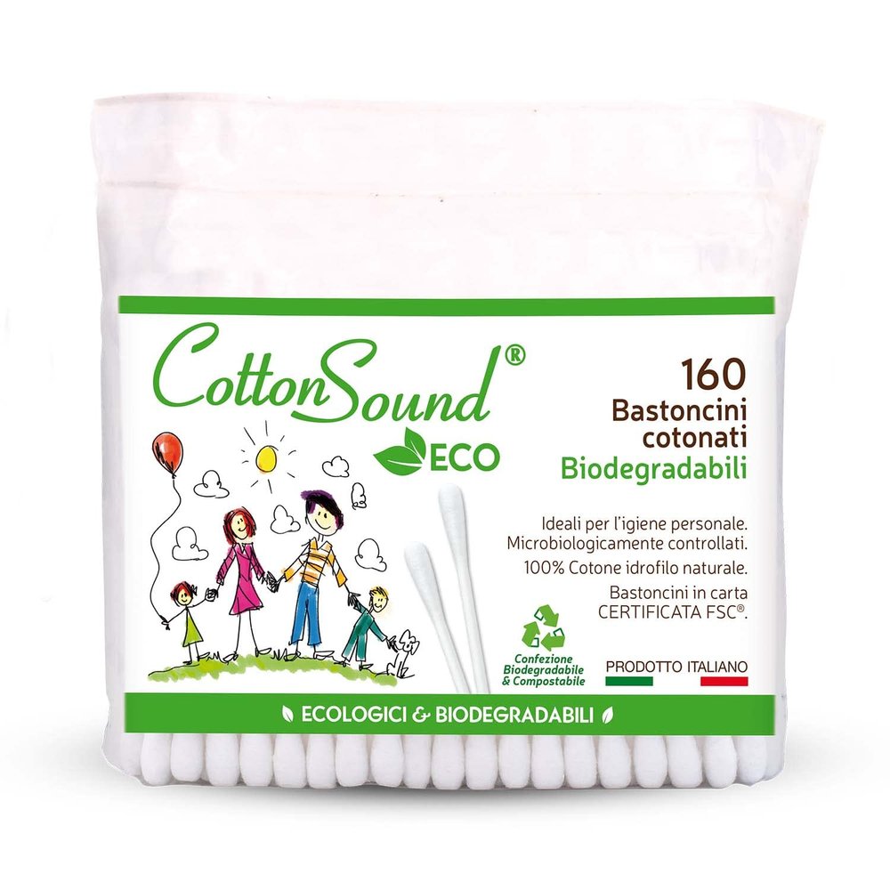 Cotton Sound Eco Cotton Sticks Bag 1 Pack x 160 Pieces, Eco Friendly and Biodegradable Cotton Sticks, 100% Pure Hydrophilic Cotton, Compostable Bag, Made in Italy