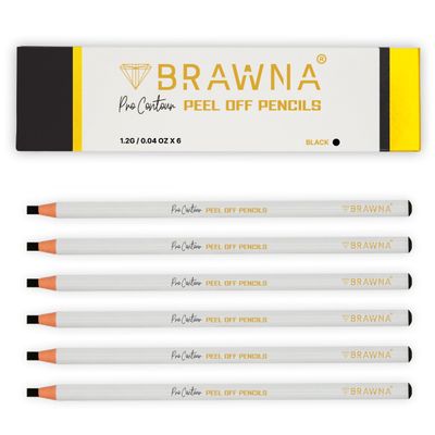 BRAWNA 6 Pcs Brow Pro Peel Off Pencils with 1 Sharpener - Waterproof Eyebrow Mapping Pencil - Microblading Supplies - PMU Kit - Black