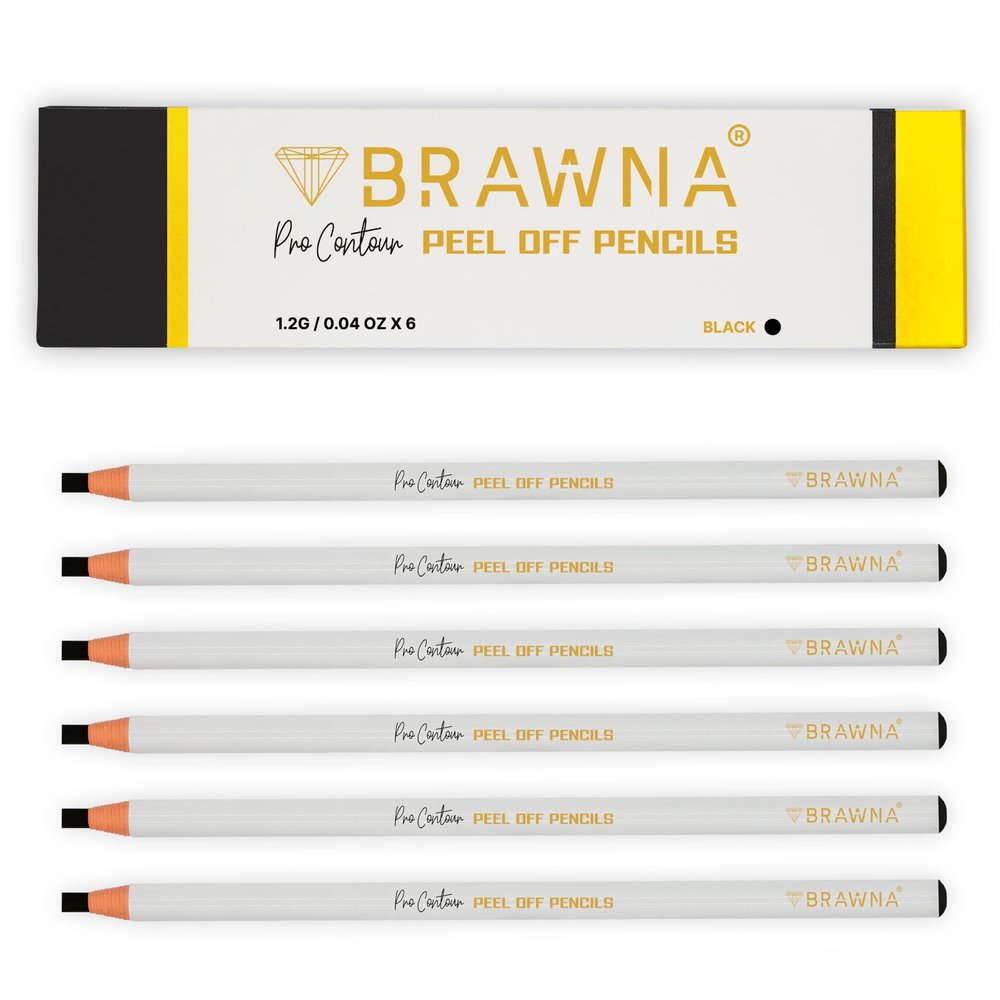 BRAWNA 6 Pcs Brow Pro Peel Off Pencils with 1 Sharpener - Waterproof Eyebrow Mapping Pencil - Microblading Supplies - PMU Kit - Black