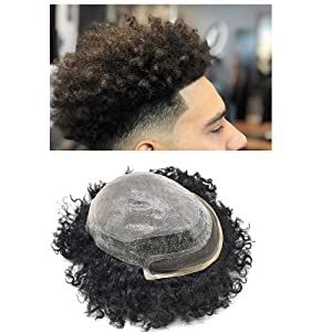 Afro Toupee for Black Men Hair Unit Black Man African American Kinky Curly Mens Toupee Hairpiece Wig 8"x10'' mens man weave Transparent Lace Skin Hairpieces Mens Hair System(8"x10", #1B Off Black/Natural Black-6MM Wavy Curl)