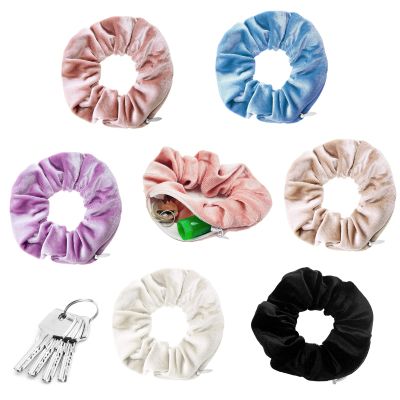 DaKuan 6 Pack Velvet Scrunchies with Pocket Hidden Zipper, Zipper Satin Hair Ties Elastic Bands for Women, Girls, Storage Money, Lipstick, Necklace and Keys (Navy, Tan, Black, Pink, Purple, Beige)