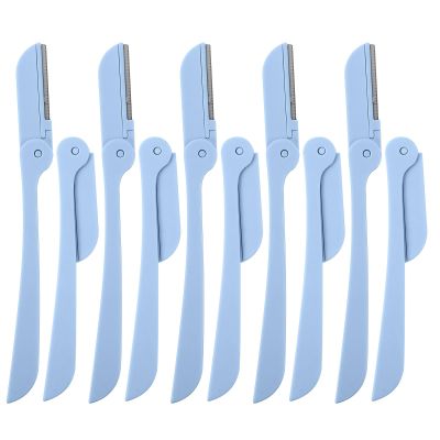 FOMIYES 10Pcs Foldable Stainless Steel Eyebrow Razors for Women, Portable Facial Hair Removal Trimmer with Plastic Handle, Blue