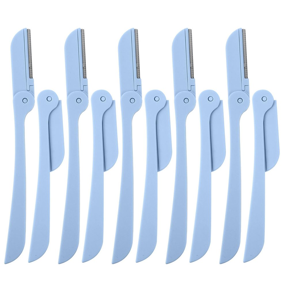 FOMIYES 10Pcs Foldable Stainless Steel Eyebrow Razors for Women, Portable Facial Hair Removal Trimmer with Plastic Handle, Blue