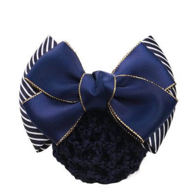 4pcs Women Hair Snood Net Gold Edge Bowknot Decor Barrette Elastic Thick Mesh Hair Bun Cover Double-layers Bow Crochet Hairnet Professional Hair Clip for Formal Lady Working Styling Accessories (Blue&Stripes)