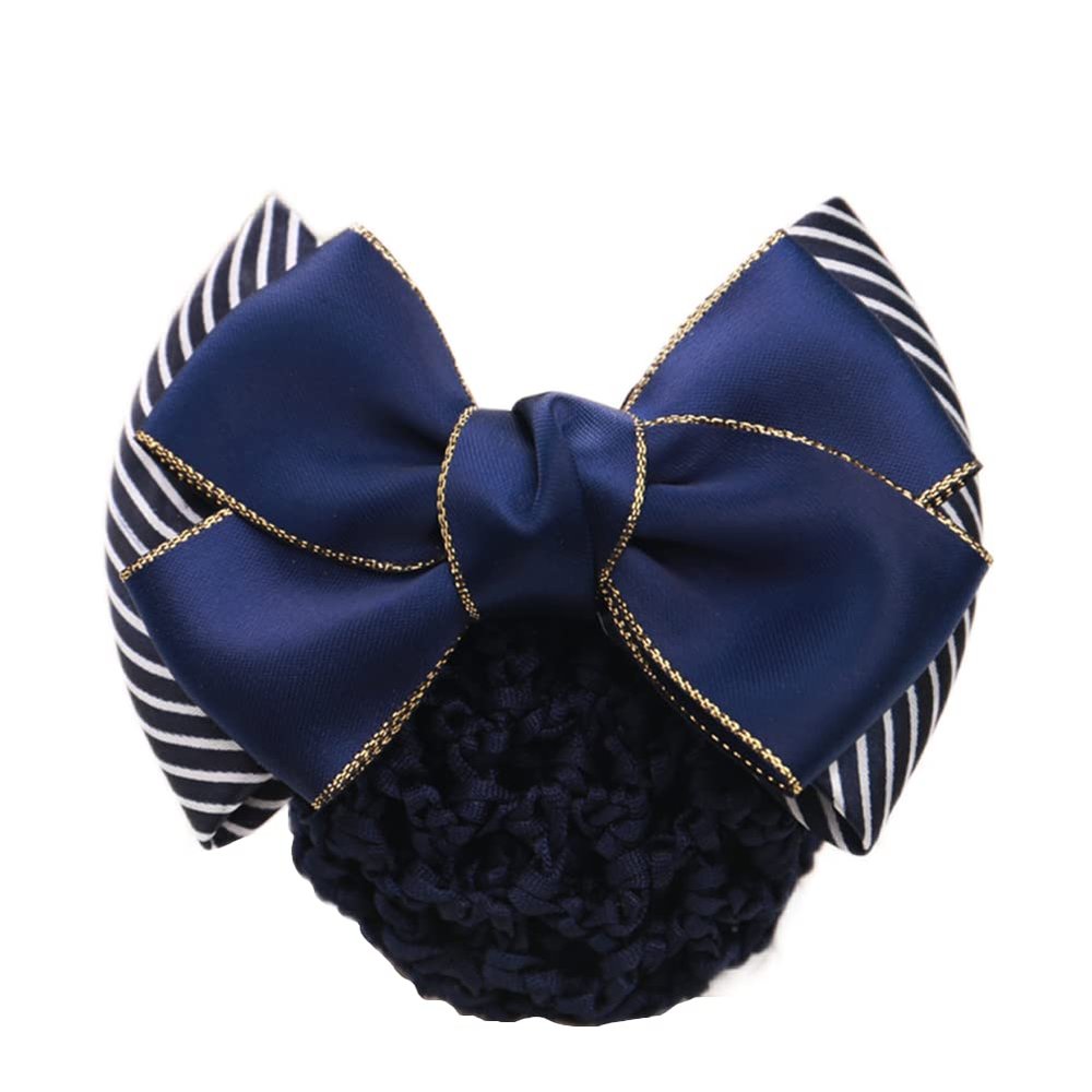4pcs Women Hair Snood Net Gold Edge Bowknot Decor Barrette Elastic Thick Mesh Hair Bun Cover Double-layers Bow Crochet Hairnet Professional Hair Clip for Formal Lady Working Styling Accessories (Blue&Stripes)