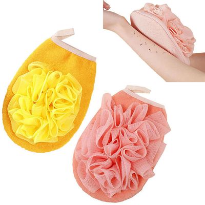 RTcald 2-in-1 Skin-Friendly Bath Sponge,Exfoliating Body Spa Bath Mitt,Double-Sided Dual-Use Bath Shower Loofah Glove,Double Sided Bath Sponge Gloves,Skin Care for Bathing (Yellow+Pink)