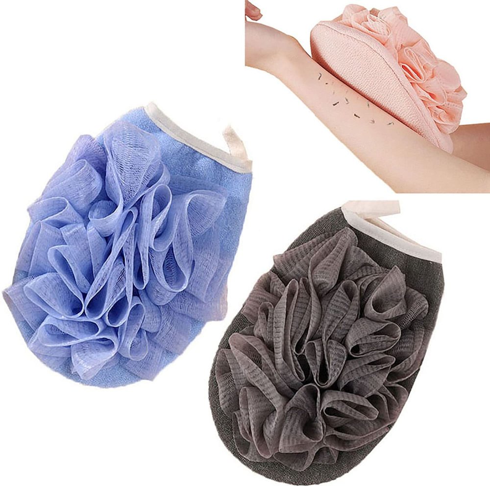RTcald 2-in-1 Skin-Friendly Bath Sponge,Exfoliating Body Spa Bath Mitt,Double-Sided Dual-Use Bath Shower Loofah Glove,Double Sided Bath Sponge Gloves,Skin Care for Bathing (Blue+Grey)